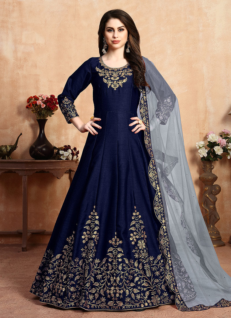 Gown : Navy blue floral printed anarkali gown